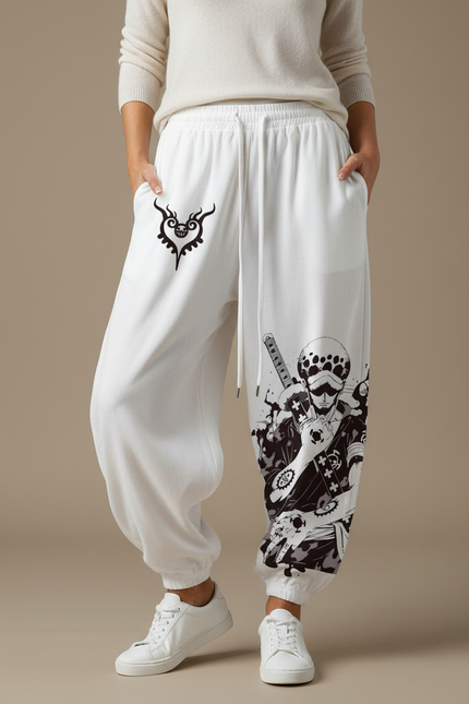 Pantalon Japonais Blanc Ample Molleton Imprimé Anime