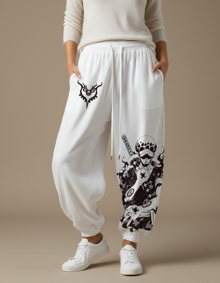 Pantalon Japonais Blanc Ample Molleton Imprimé Anime