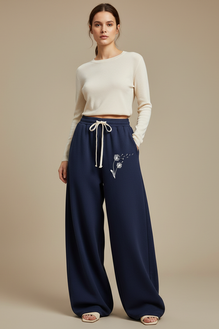 Pantalon Japonais Large Bleu Marine Molleton Dandelion