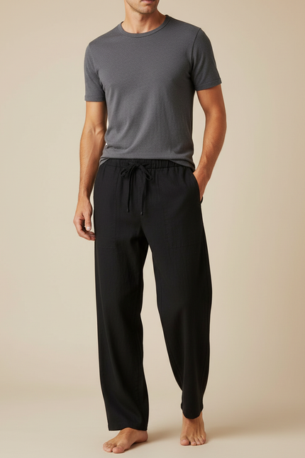 Pantalon Japonais Noir Coton Lin Ample Décontracté