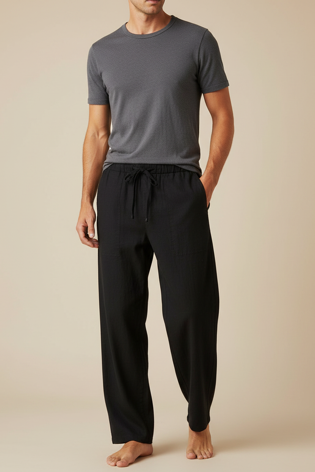 Pantalon Japonais Noir Coton Lin Ample Décontracté