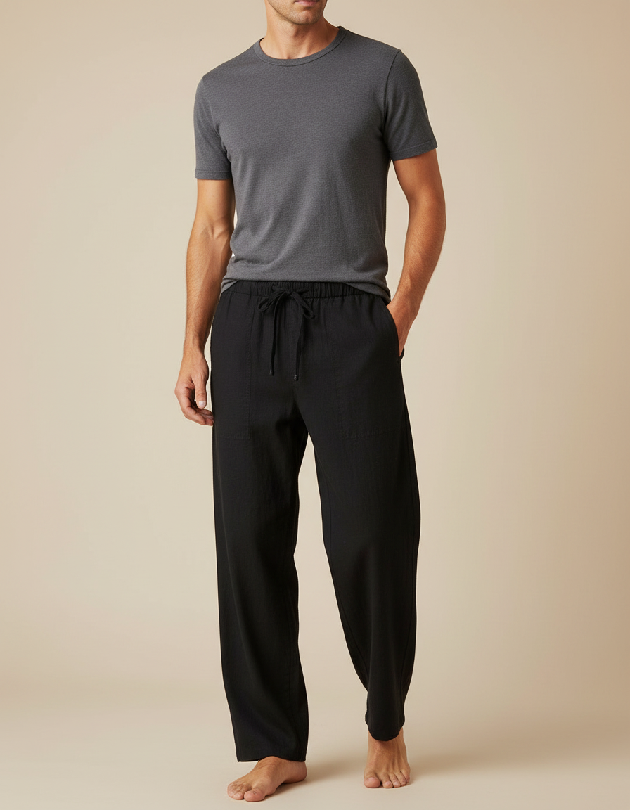 Pantalon Japonais Noir Coton Lin Ample Décontracté