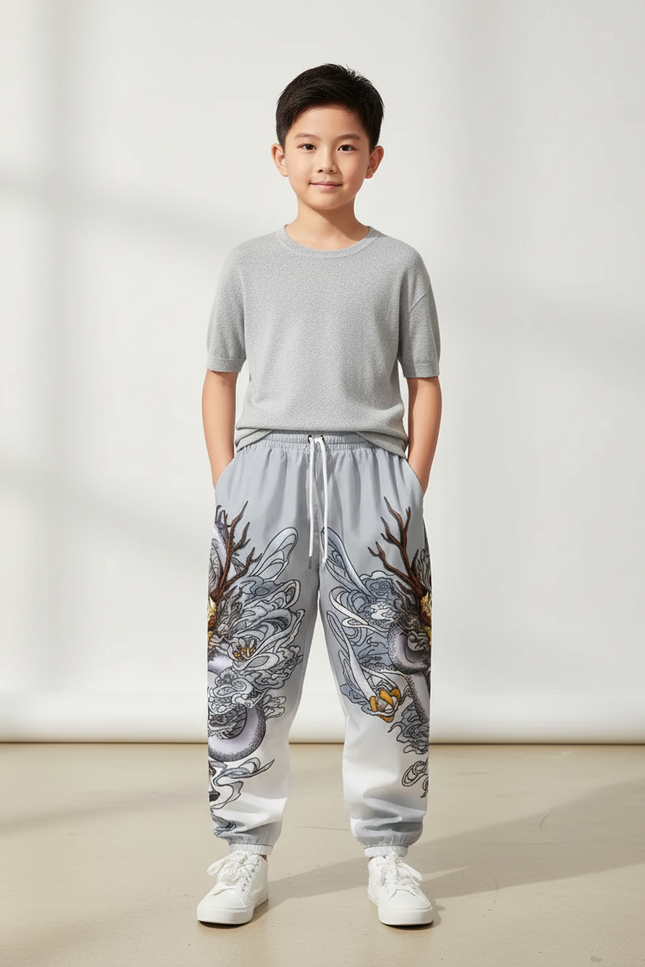 Pantalon Japonais Gris Ample Dragon Garçon - Polyester