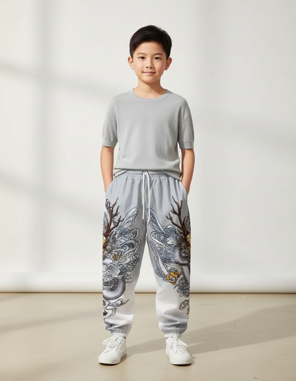 Pantalon Japonais Gris Ample Dragon Garçon - Polyester