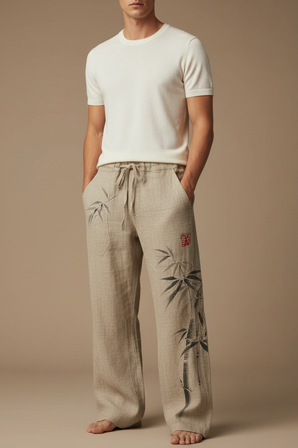 Pantalon Japonais Lin Ample Bambou Beige Décontracté