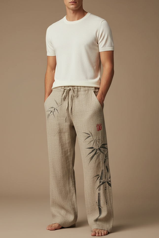 Pantalon Japonais Lin Ample Bambou Beige Décontracté