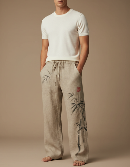 Pantalon Japonais Lin Ample Bambou Beige Décontracté