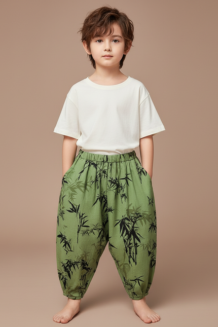 Pantalon Japonais Vert Ample Motif Bambou Enfant - Lin