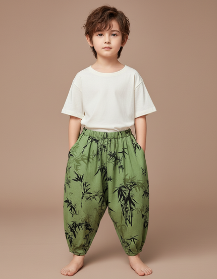 Pantalon Japonais Vert Ample Motif Bambou Enfant - Lin