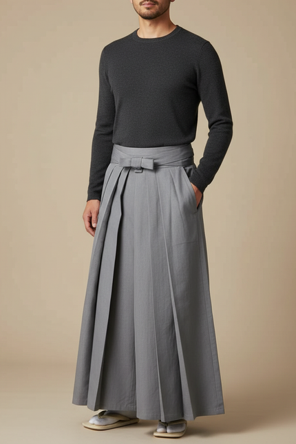 Pantalon Japonais Gris Plissé Ample Traditionnel Homme - Gabardine