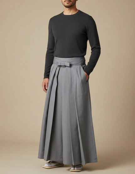 Pantalon Japonais Gris Plissé Ample Traditionnel Homme - Gabardine
