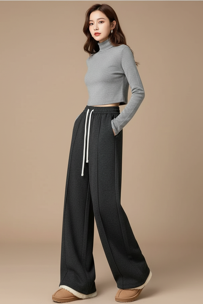 Pantalon Japonais Gris Anthracite Ample Velours Doublé Cordon