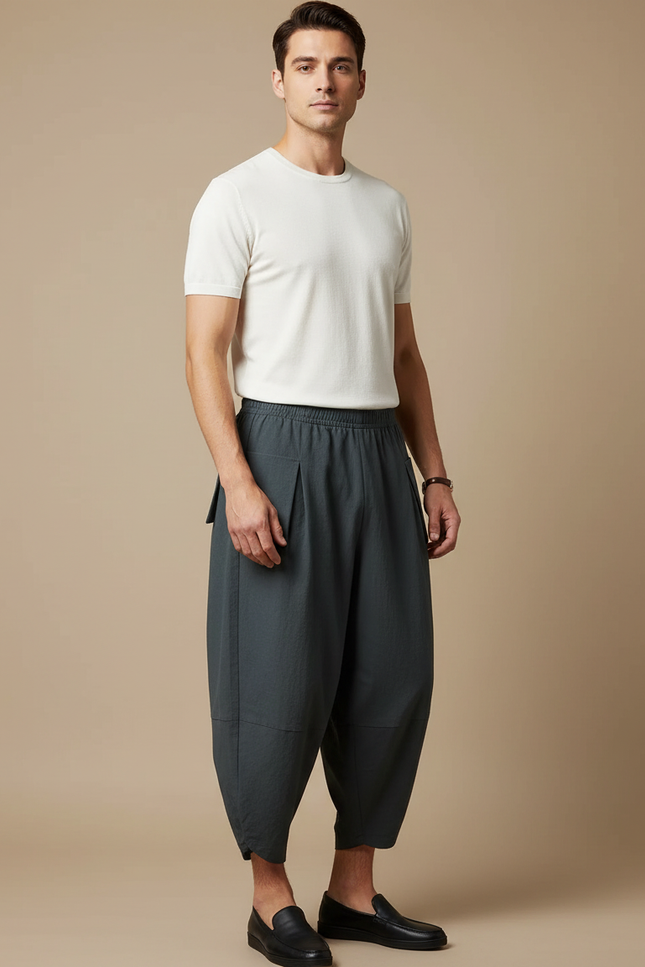 Pantalon Japonais Sarouel Ample Gris Décontracté Homme - Vert Lin