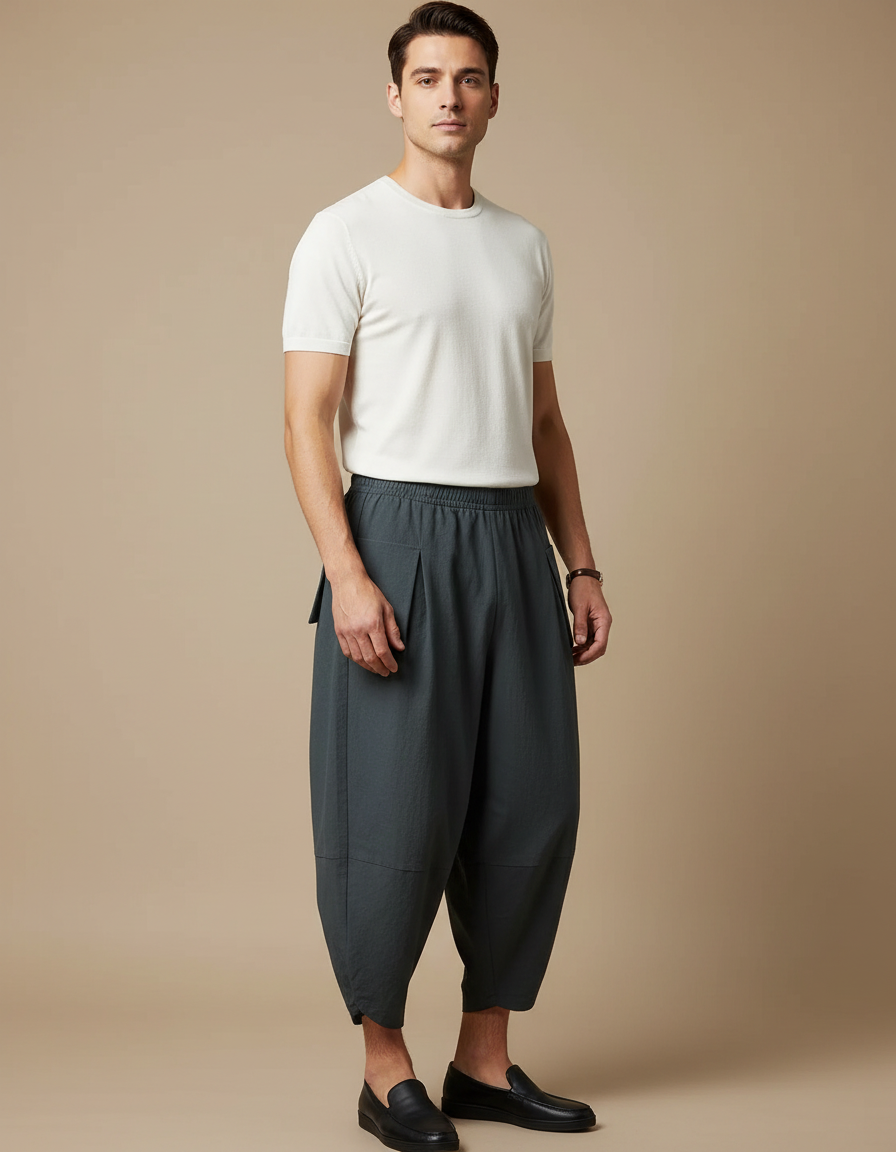 Pantalon Japonais Sarouel Ample Gris Décontracté Homme - Vert Lin