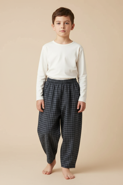 Pantalon Japonais Carreaux Ample Enfant Décontracté Confortable - Gris Tweed