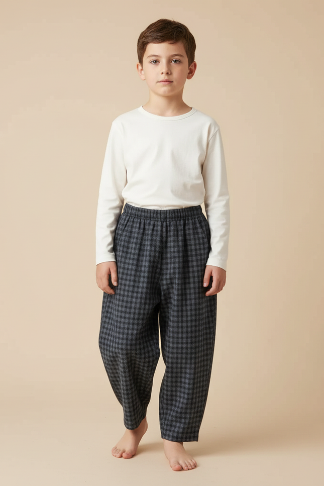 Pantalon Japonais Carreaux Ample Enfant Décontracté Confortable - Gris Tweed
