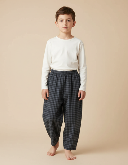 Pantalon Japonais Carreaux Ample Enfant Décontracté Confortable - Gris Tweed