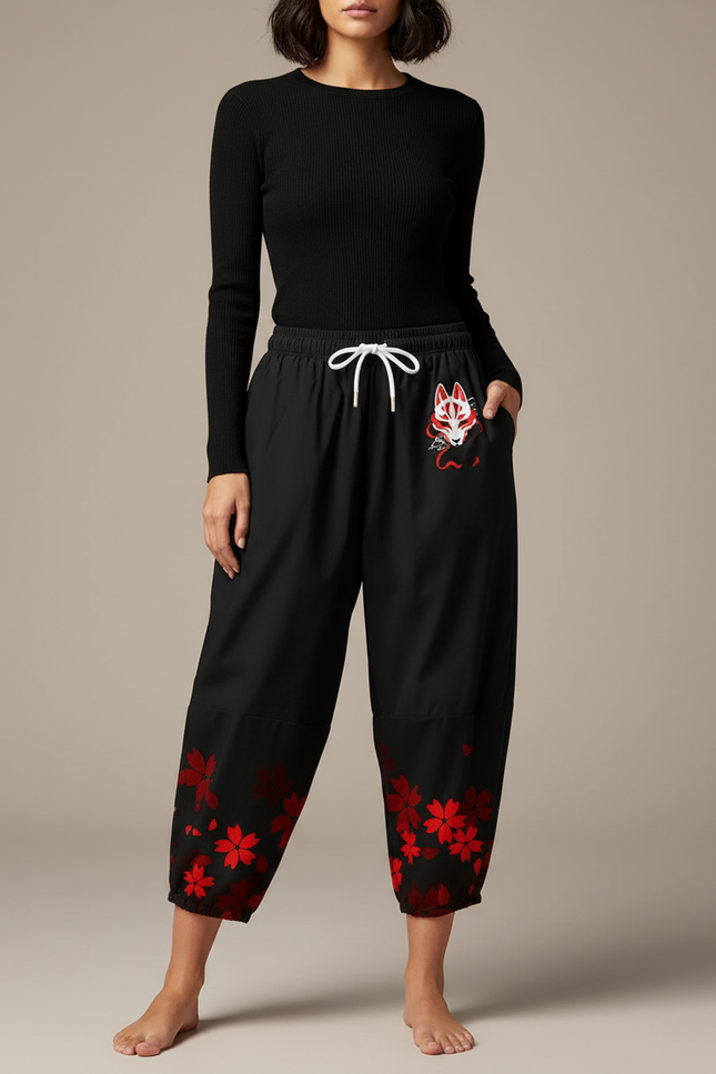 Pantalon Japonais Noir Fleuri Ample Fluide Renard - Polyester