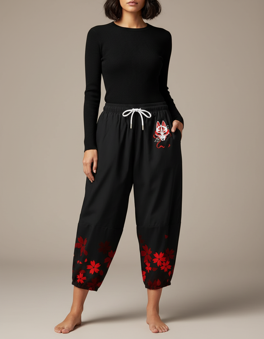 Pantalon Japonais Noir Fleuri Ample Fluide Renard - Polyester