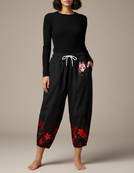 Pantalon Japonais Noir Fleuri Ample Fluide Renard - Polyester