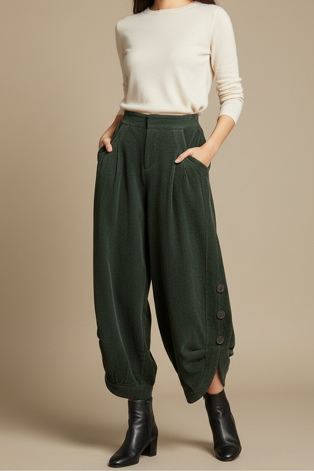 Pantalon Japonais Vert Côtelé Ample Décontracté Boutons - Cordé