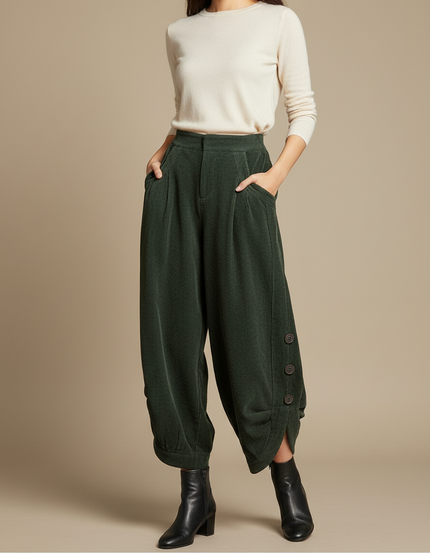 Pantalon Japonais Vert Côtelé Ample Décontracté Boutons - Cordé