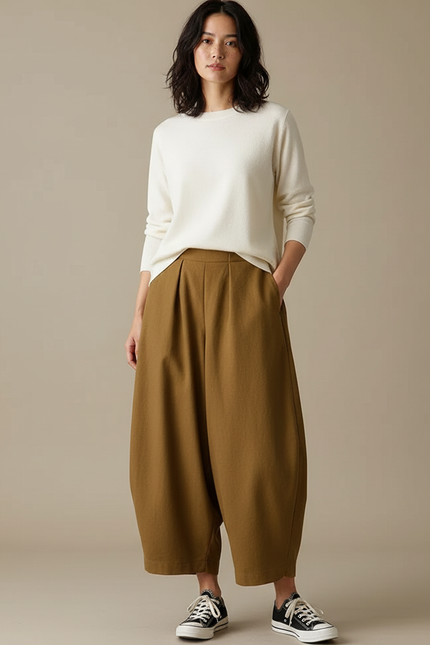 Pantalon Japonais Marron Ample Coton Décontracté Harem - Kaki