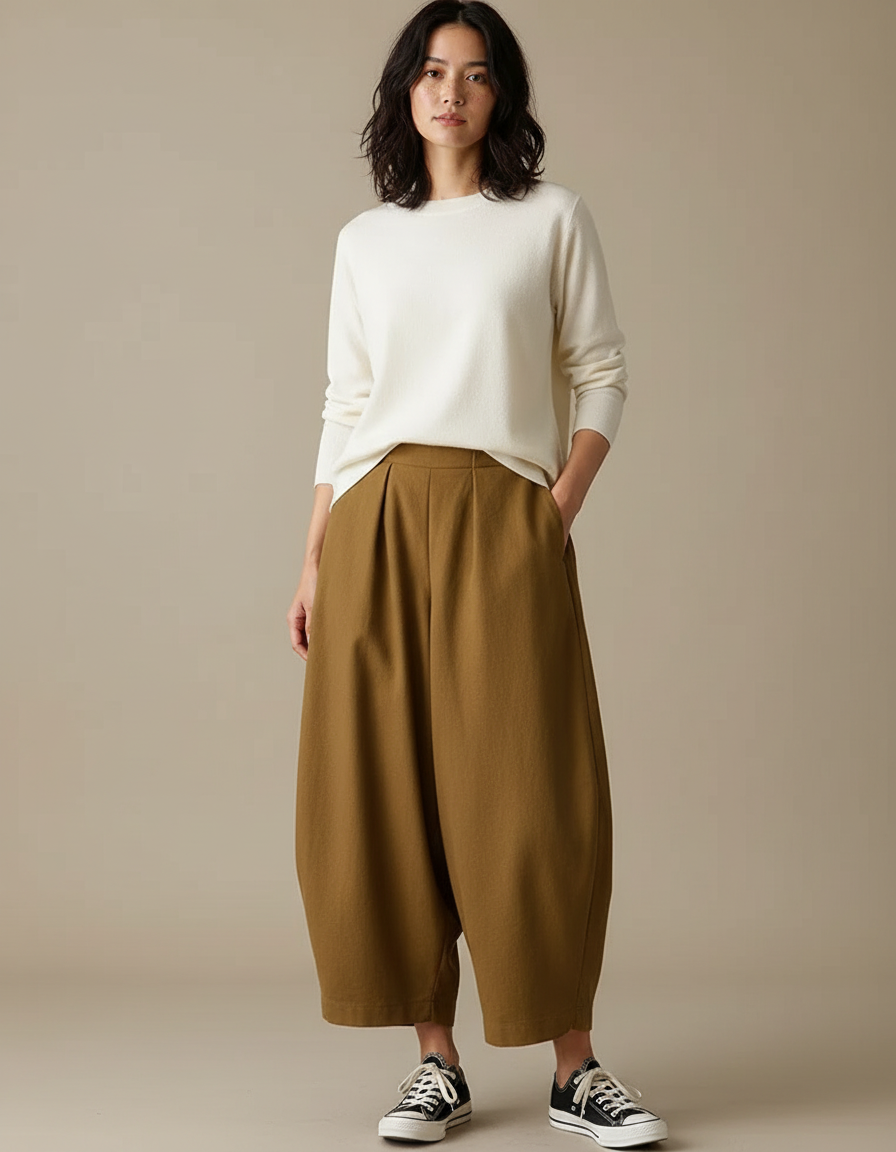 Pantalon Japonais Marron Ample Coton Décontracté Harem - Kaki