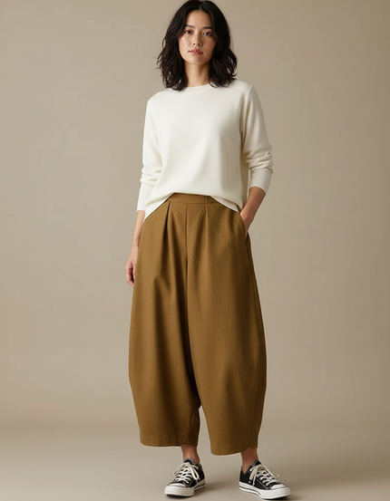 Pantalon Japonais Marron Ample Coton Décontracté Harem - Kaki