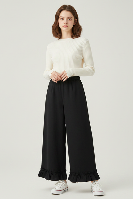 Pantalon Japonais Noir Fluide Ample Volants Fille Décontracté - Polyester