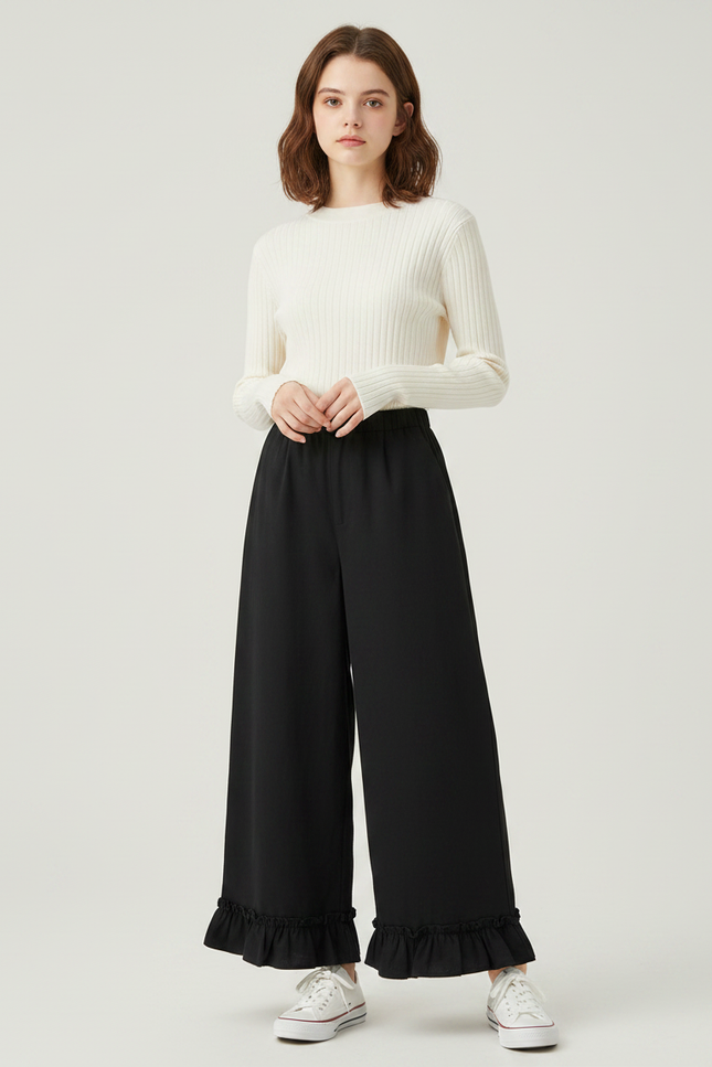 Pantalon Japonais Noir Fluide Ample Volants Fille Décontracté - Polyester