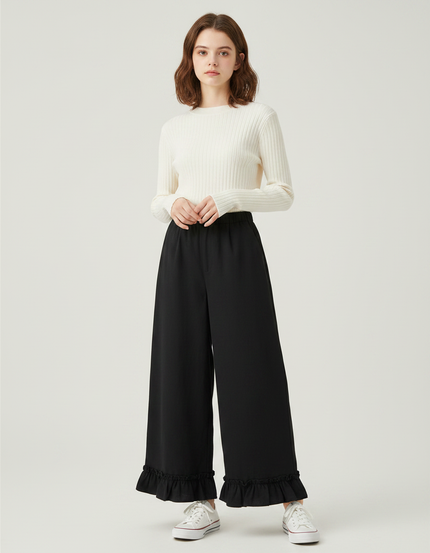 Pantalon Japonais Noir Fluide Ample Volants Fille Décontracté - Polyester
