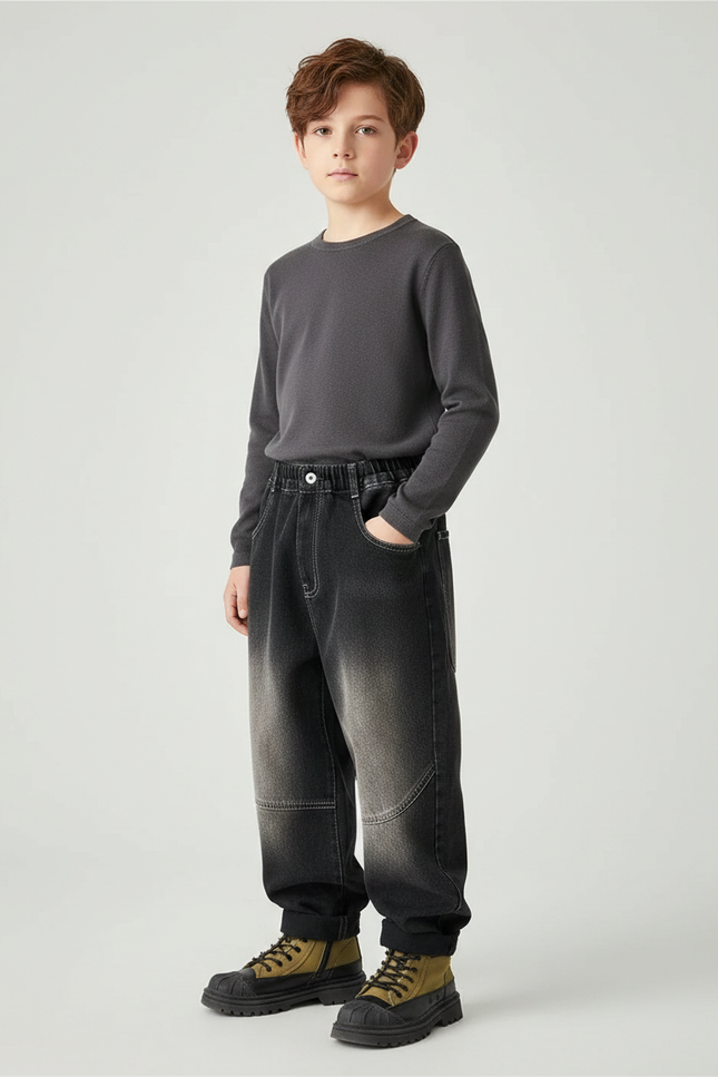 Pantalon Japonais Denim Délavé Ample Enfant - Gris Jean