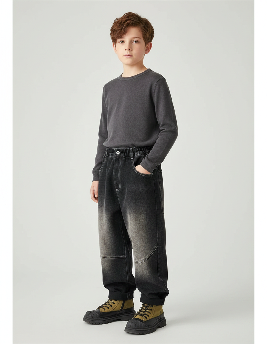 Pantalon Japonais Denim Délavé Ample Enfant - Gris Jean