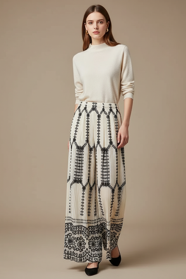 Pantalon Japonais Plissé Brodé Fluide Écru Élégant - Beige Polyester