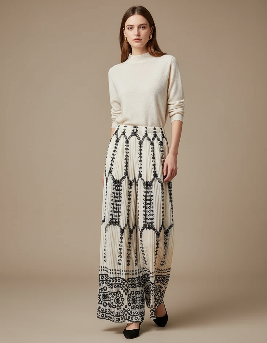 Pantalon Japonais Plissé Brodé Fluide Écru Élégant - Beige Polyester