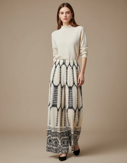 Pantalon Japonais Plissé Brodé Fluide Écru Élégant - Beige Polyester