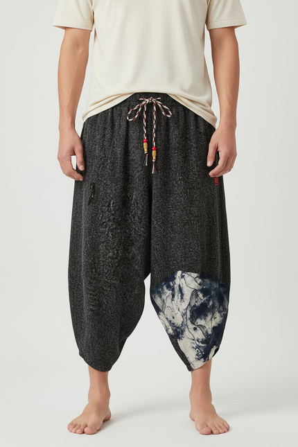 Pantalon Japonais Gris Ample Lin Imprimé Décontracté