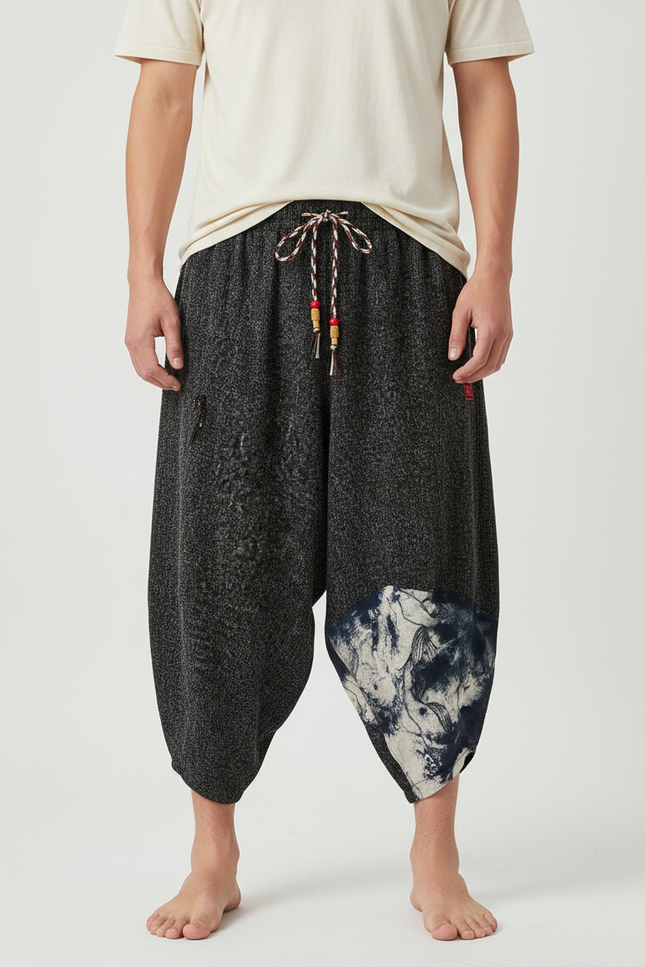 Pantalon Japonais Gris Ample Lin Imprimé Décontracté