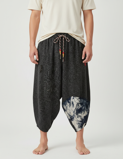 Pantalon Japonais Gris Ample Lin Imprimé Décontracté