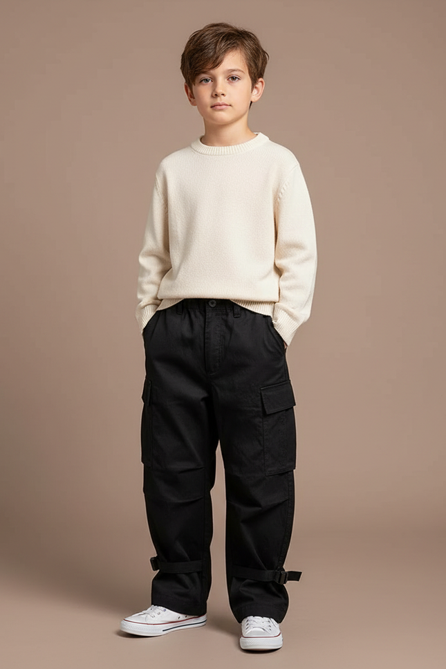 Pantalon Japonais Cargo Noir Ample Coton Enfant - Toile