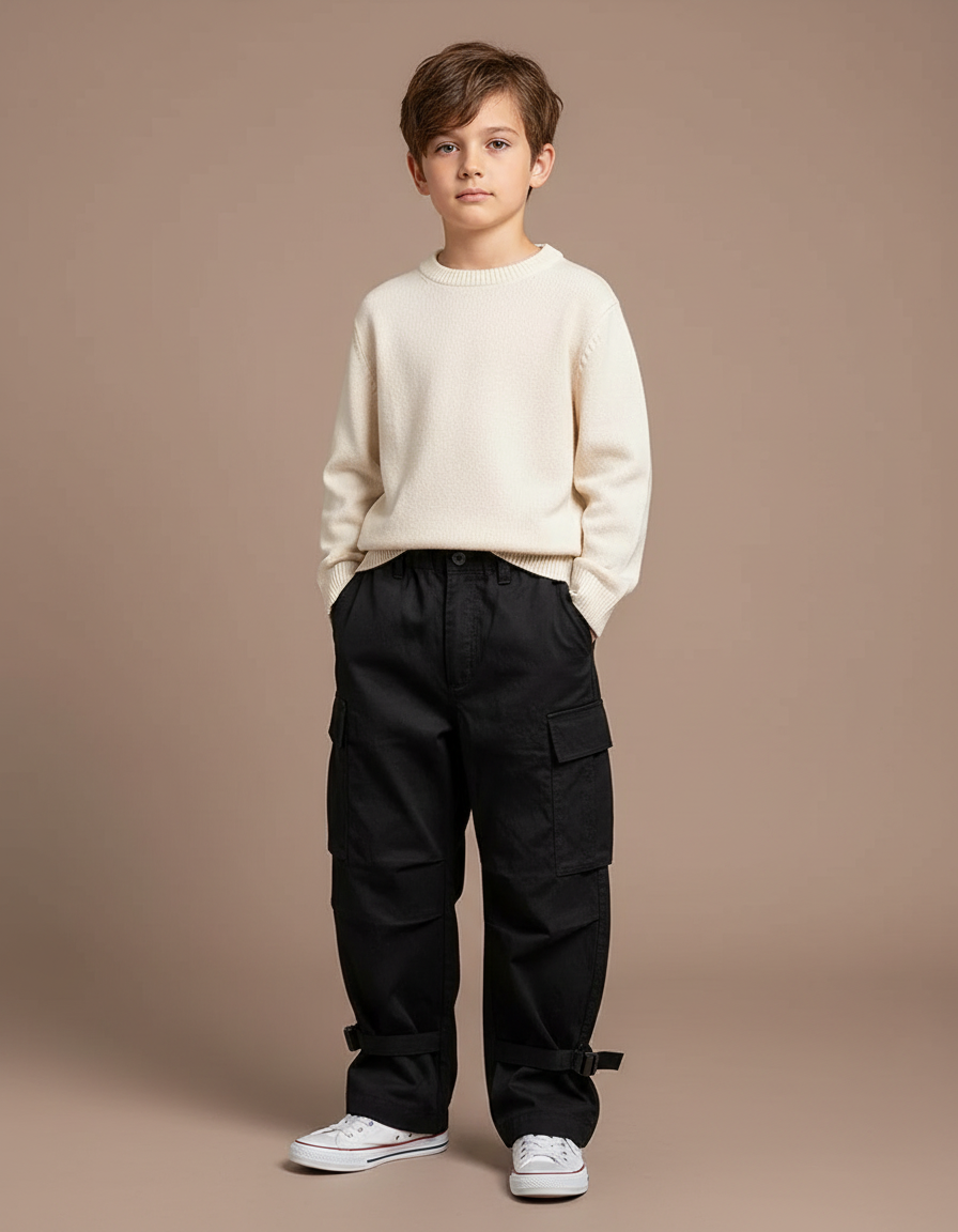 Pantalon Japonais Cargo Noir Ample Coton Enfant - Toile