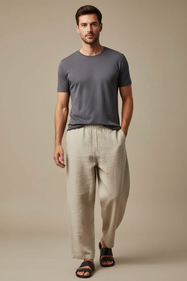 Pantalon Japonais Beige Ample Lin Décontracté Homme