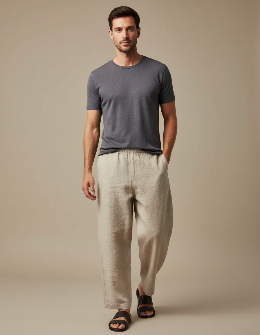 Pantalon Japonais Beige Ample Lin Décontracté Homme