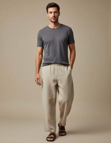 Pantalon Japonais Beige Ample Lin Décontracté Homme