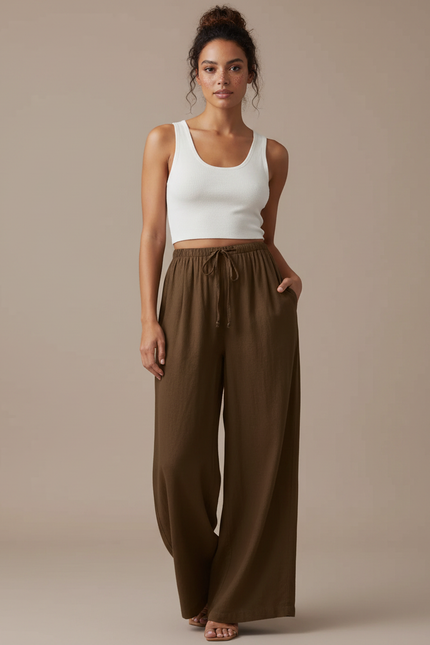 Pantalon Japonais Lin Ample Marron Décontracté Fluide