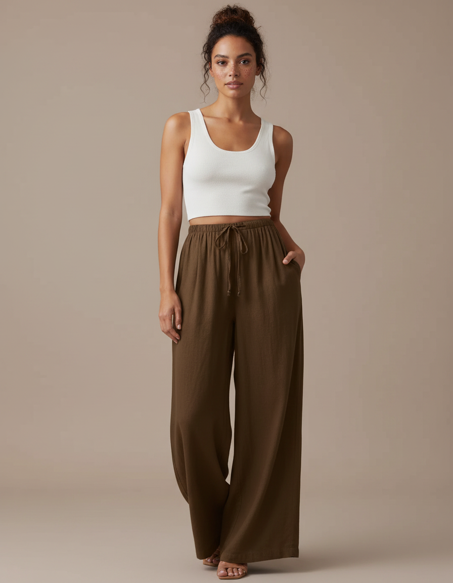Pantalon Japonais Lin Ample Marron Décontracté Fluide