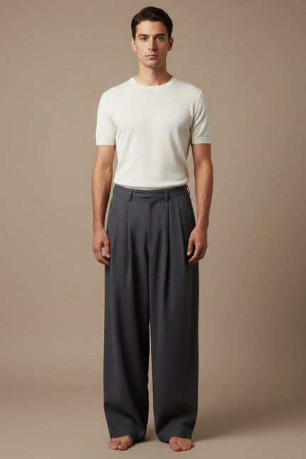 Pantalon Japonais Gris Anthracite Ample Plissé Fluide - Laine