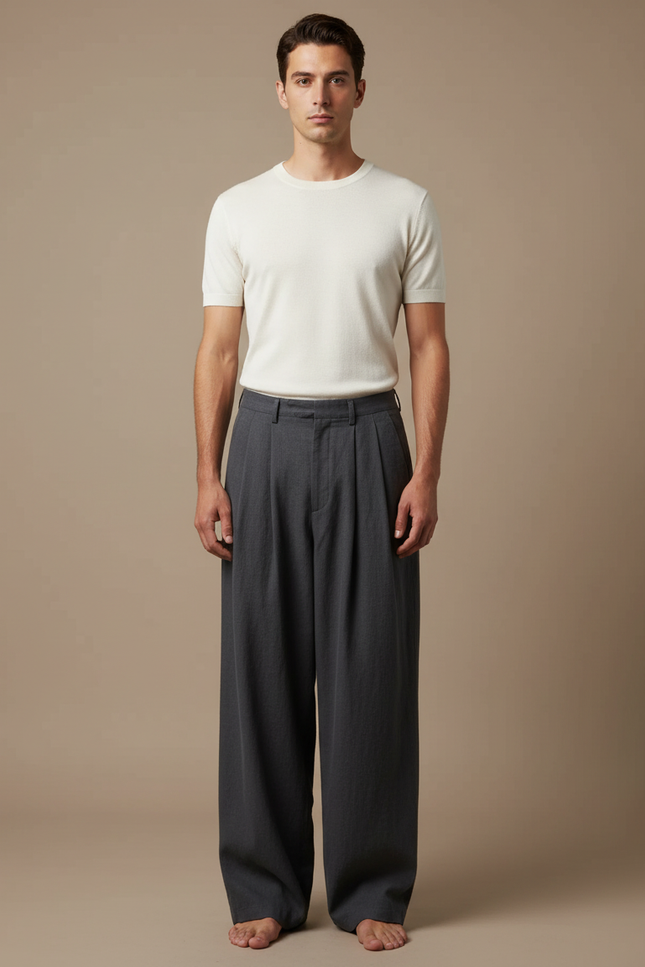Pantalon Japonais Gris Anthracite Ample Plissé Fluide - Laine