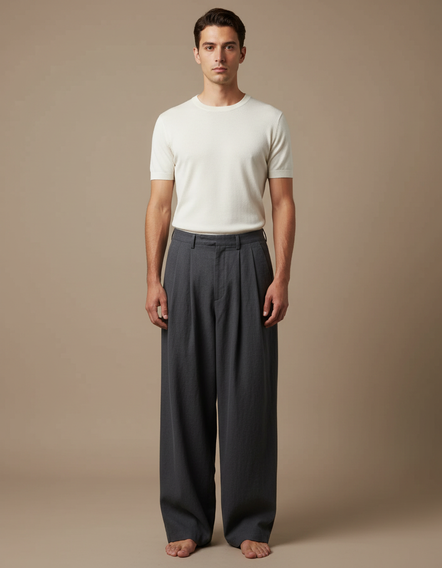 Pantalon Japonais Gris Anthracite Ample Plissé Fluide - Laine